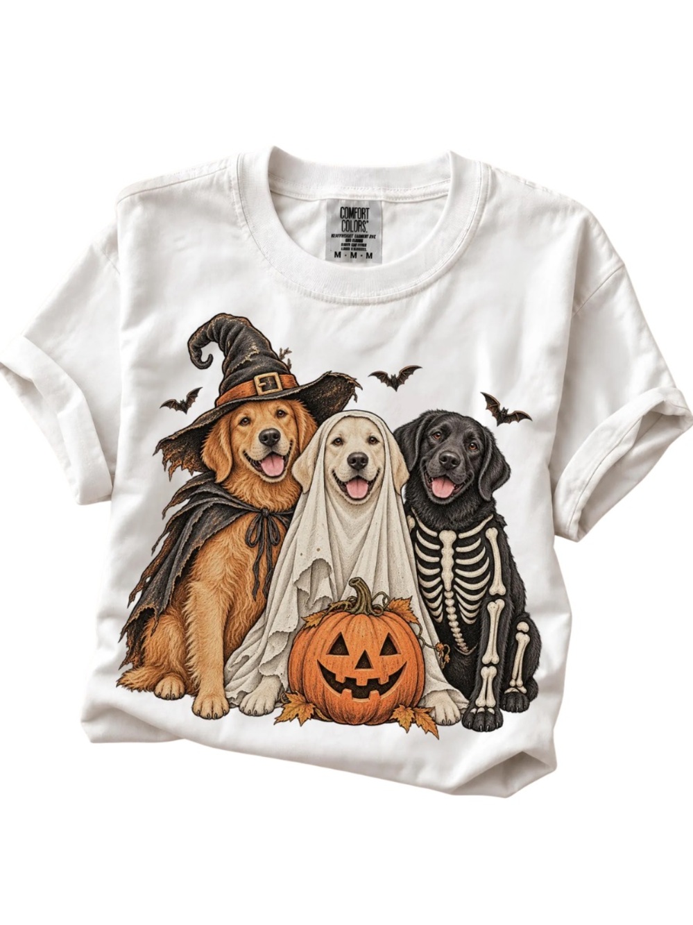 Comfort Colors White Halloween Dogs Graphic Tee - Cute Pet Costume Design